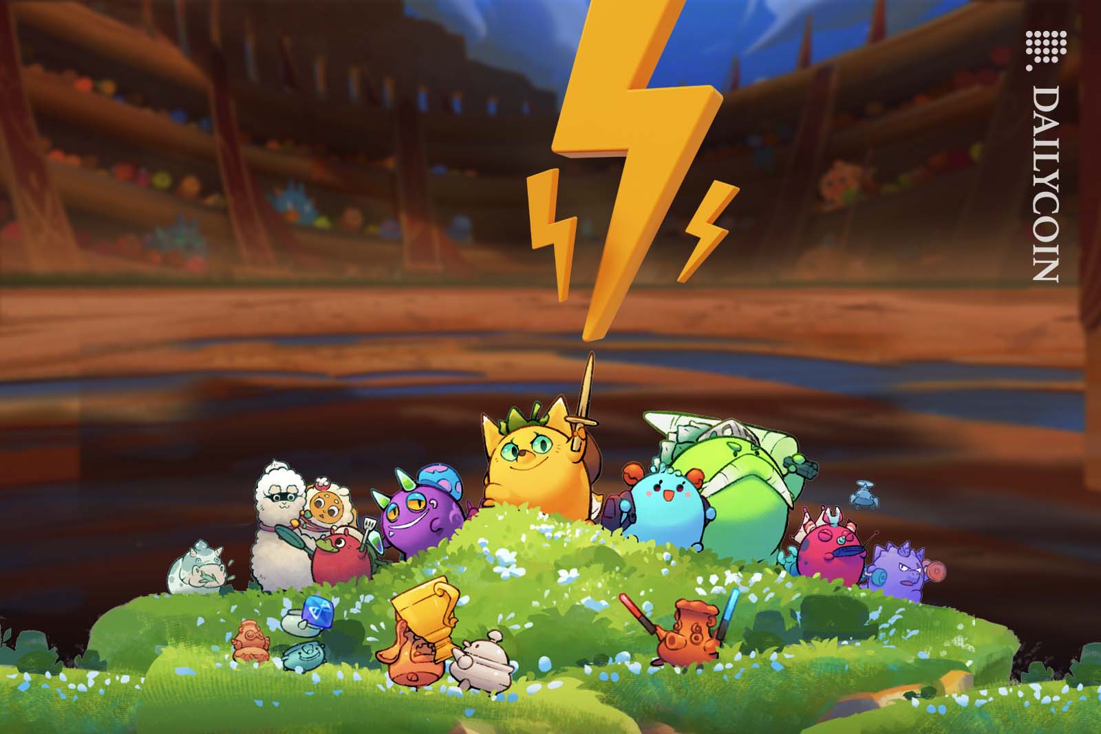 A group of Axie Infinity characters gathering on a hill for attack.