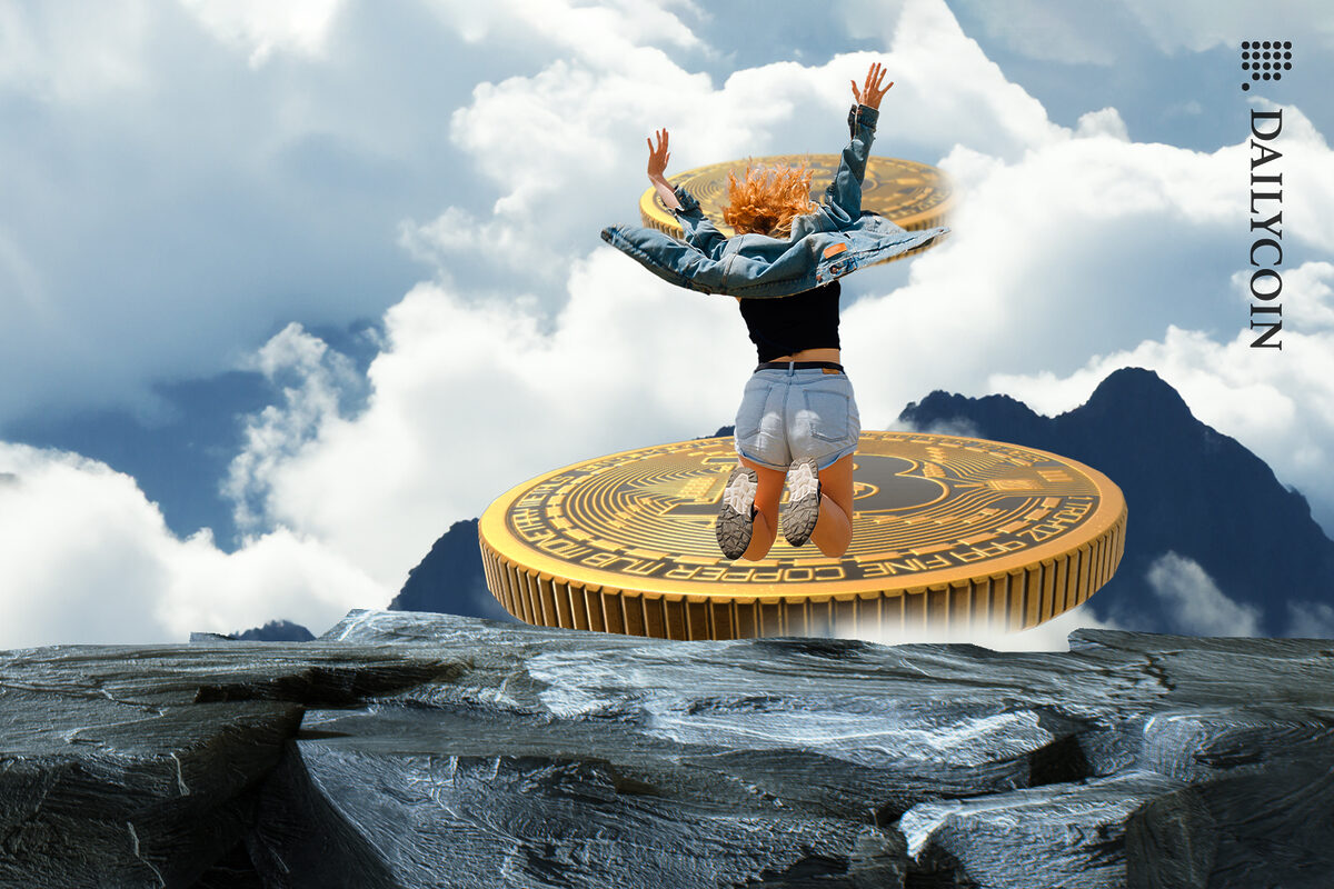 Girl on a mountain top, leaping on Bitcoins sky high.