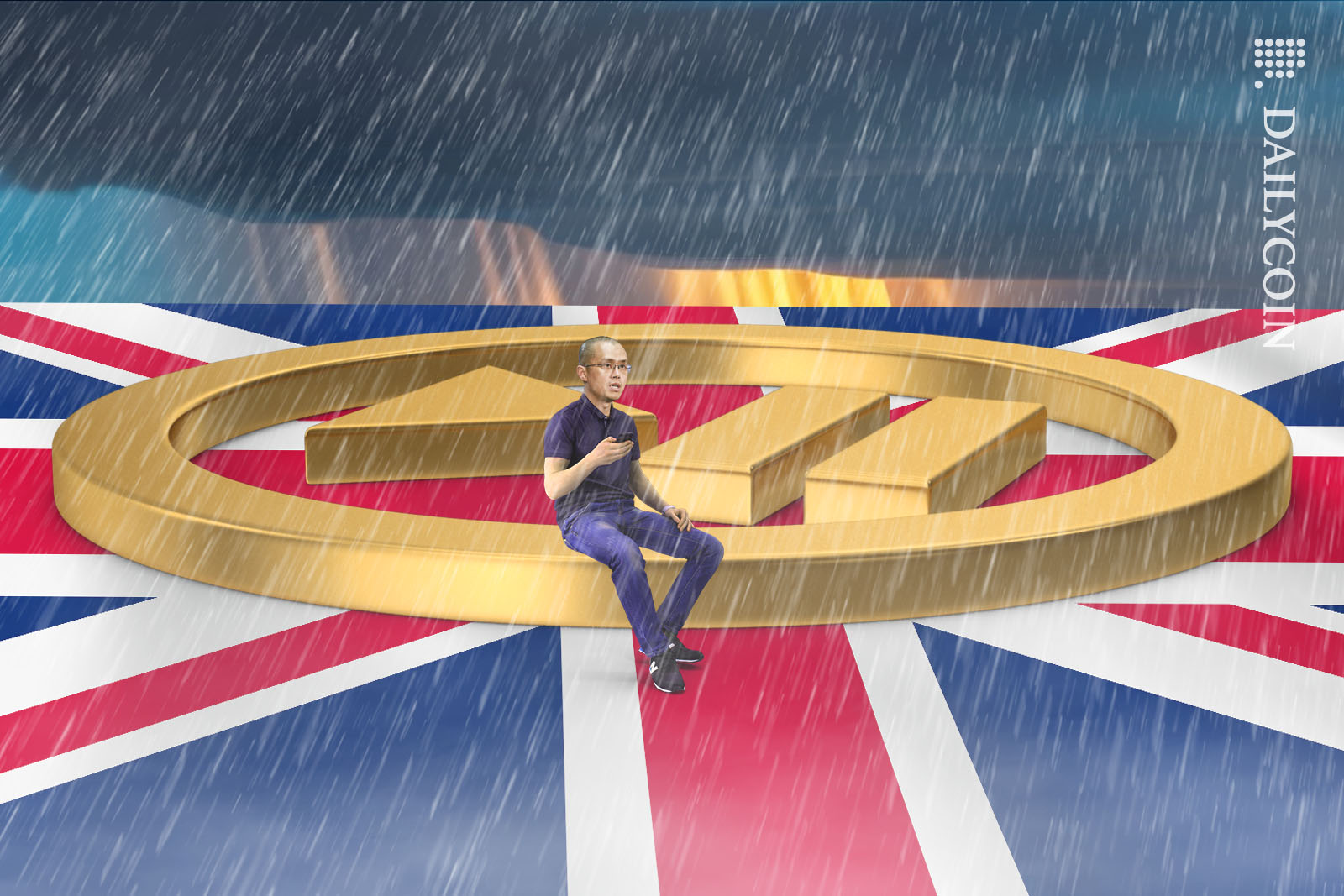 Changpeng Zhao of Binance, sitting on a huge Pause button and a Union Jack in the rain.