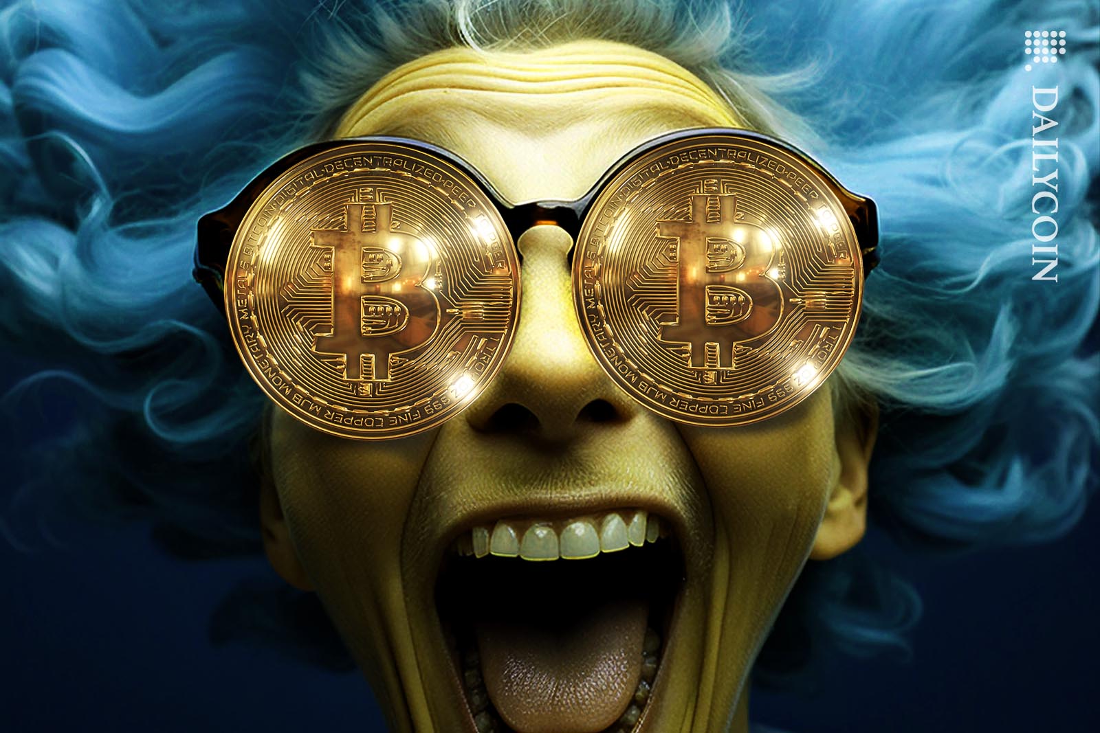 Crazy looking blue haired person with Bitcoin glasses.