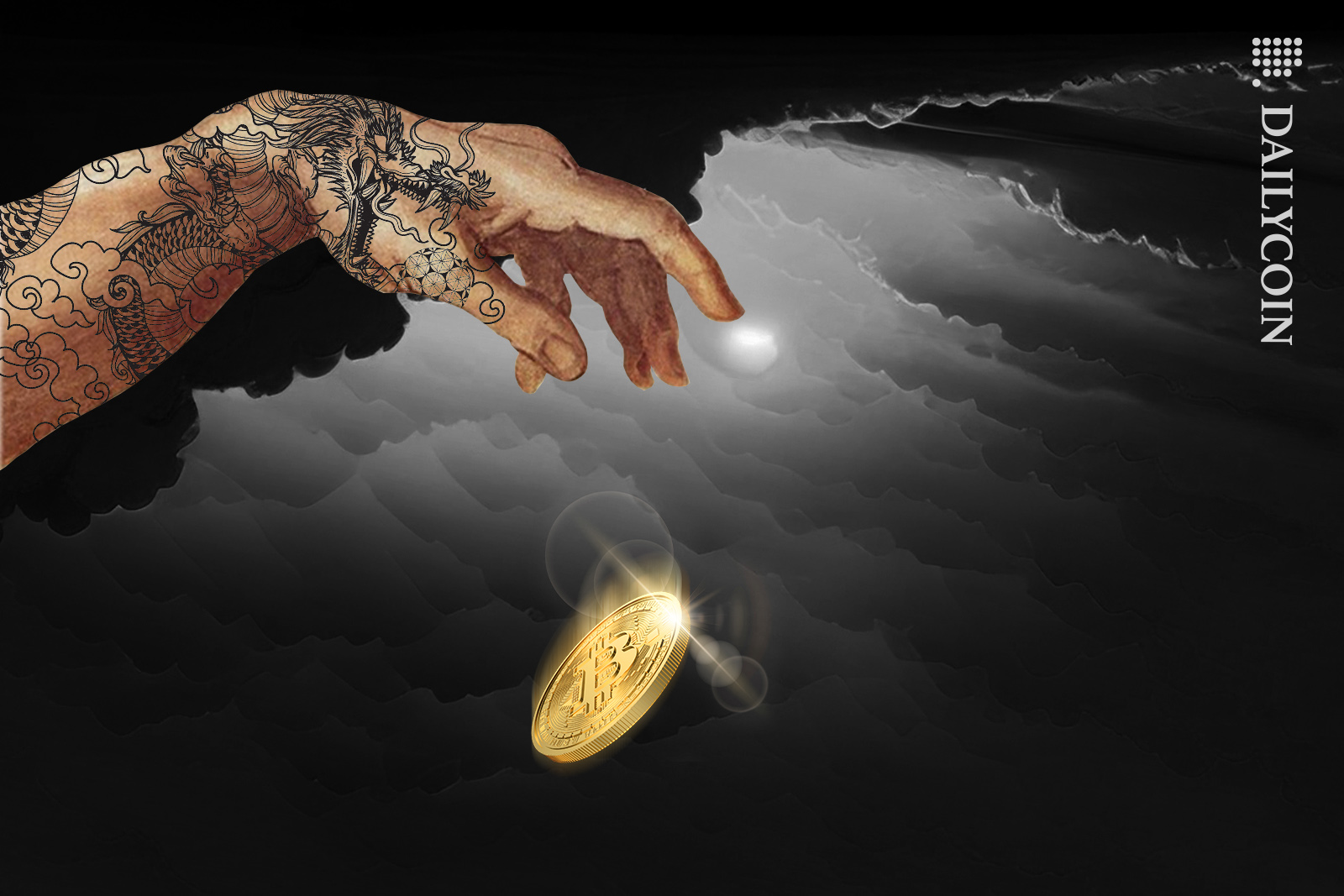 God-like hand with Chinese dragon tattoo dropping a Bitcoin out of the sky.