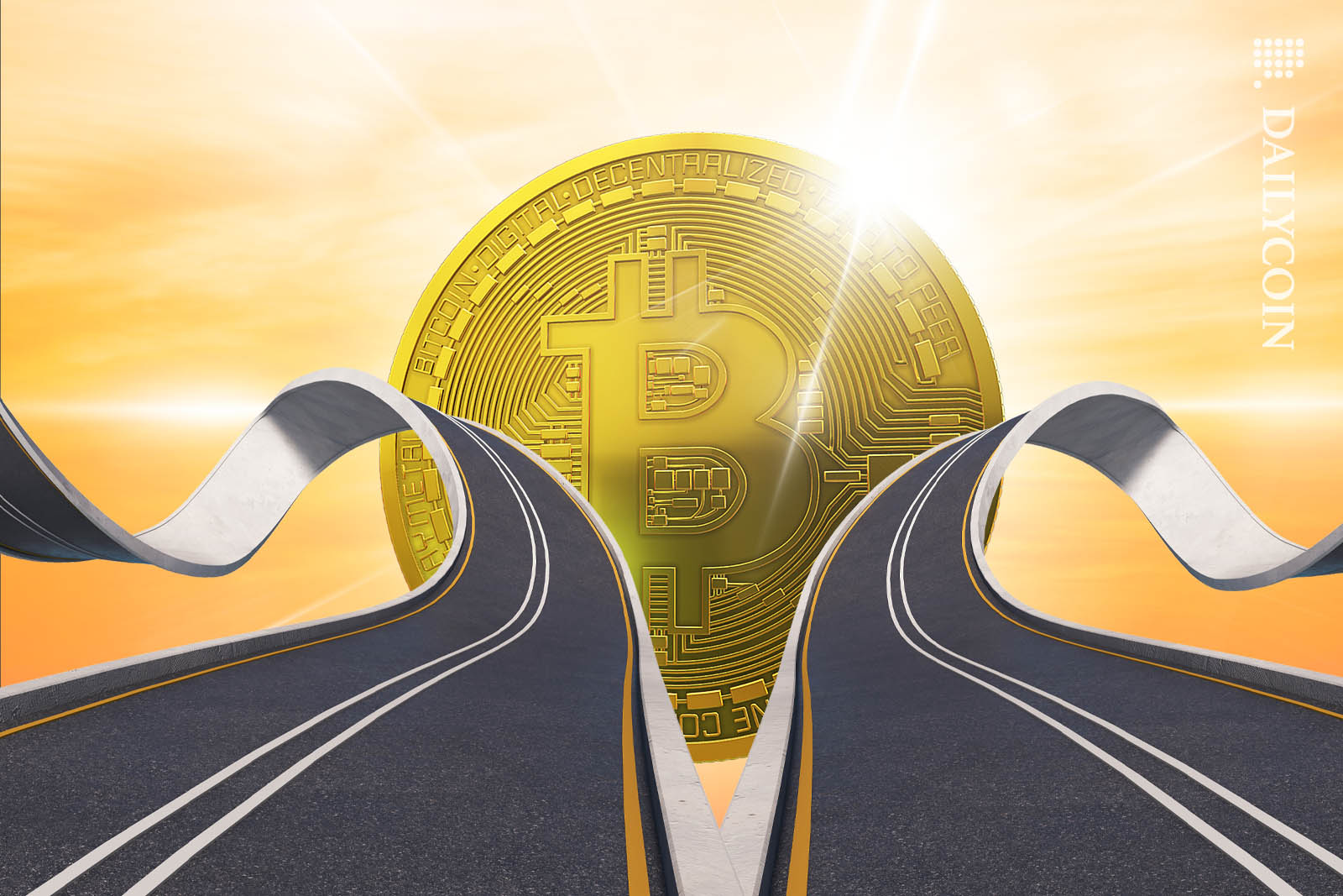 Road being devided by a huge shiny Bitcoin.