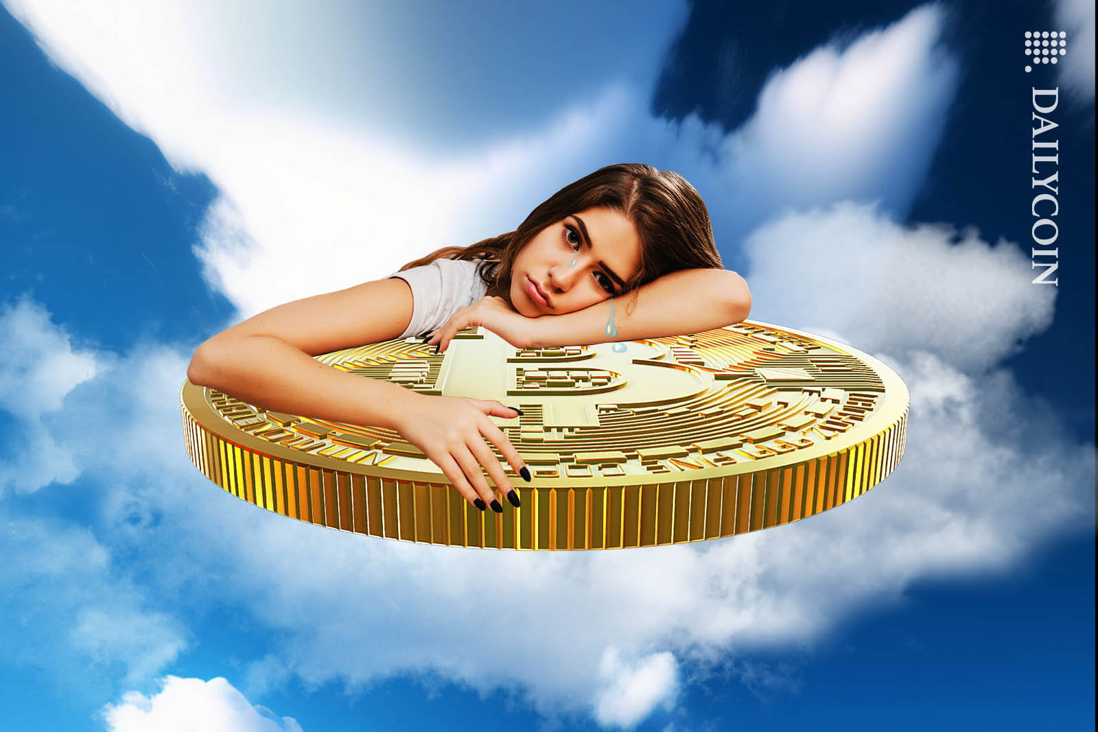Sad young woman shedding tears whilst hugging a Bitcoin in the clouds.