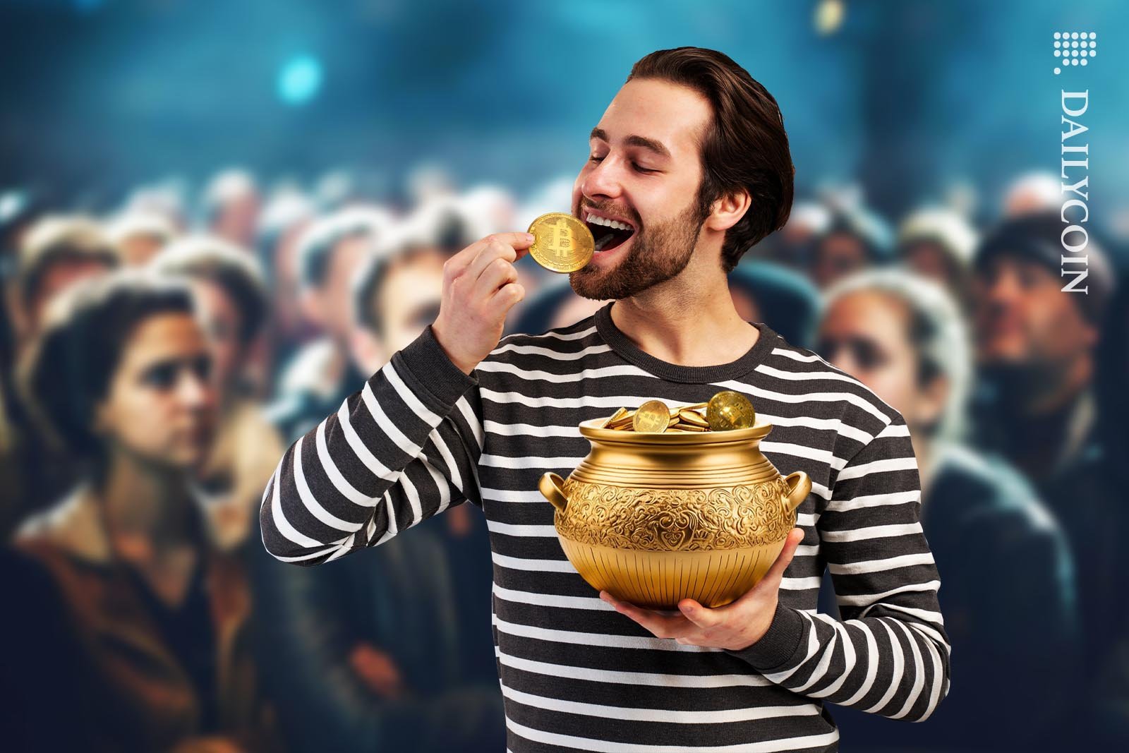 Man eating on a bowl of Bitcoins with great pleasure as a crowd watching him.