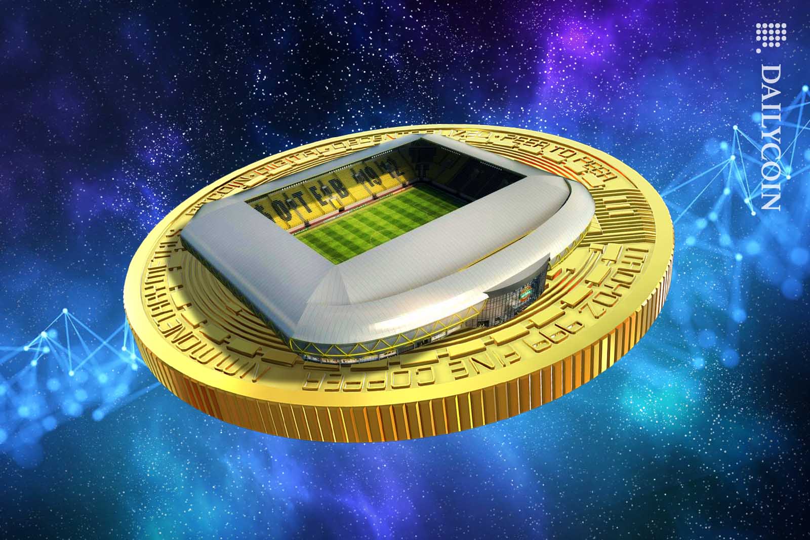 A football stadium on the back of a bitcoin floating in space.