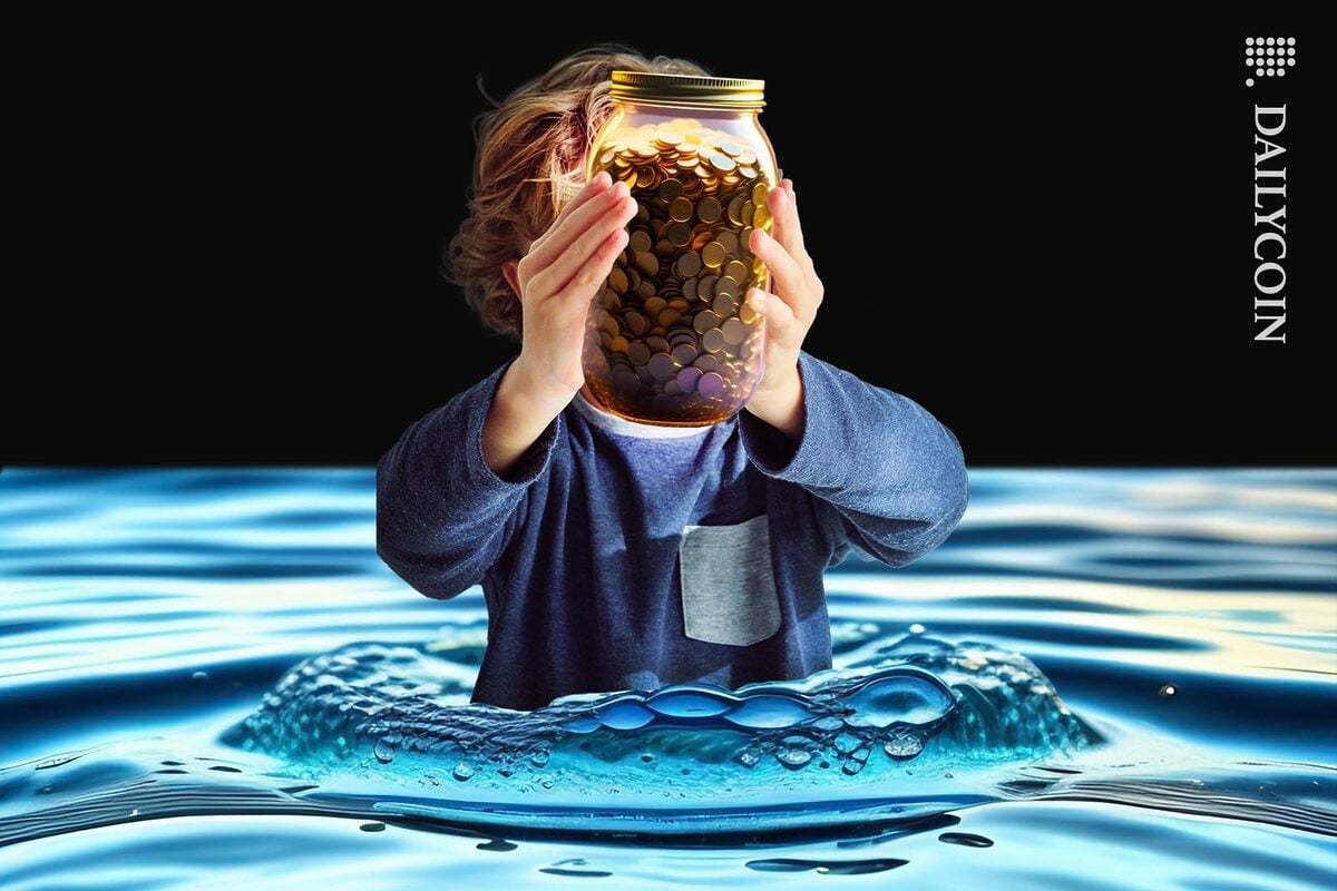 Little boy emerging from water, holding up a big jar of golden coins.