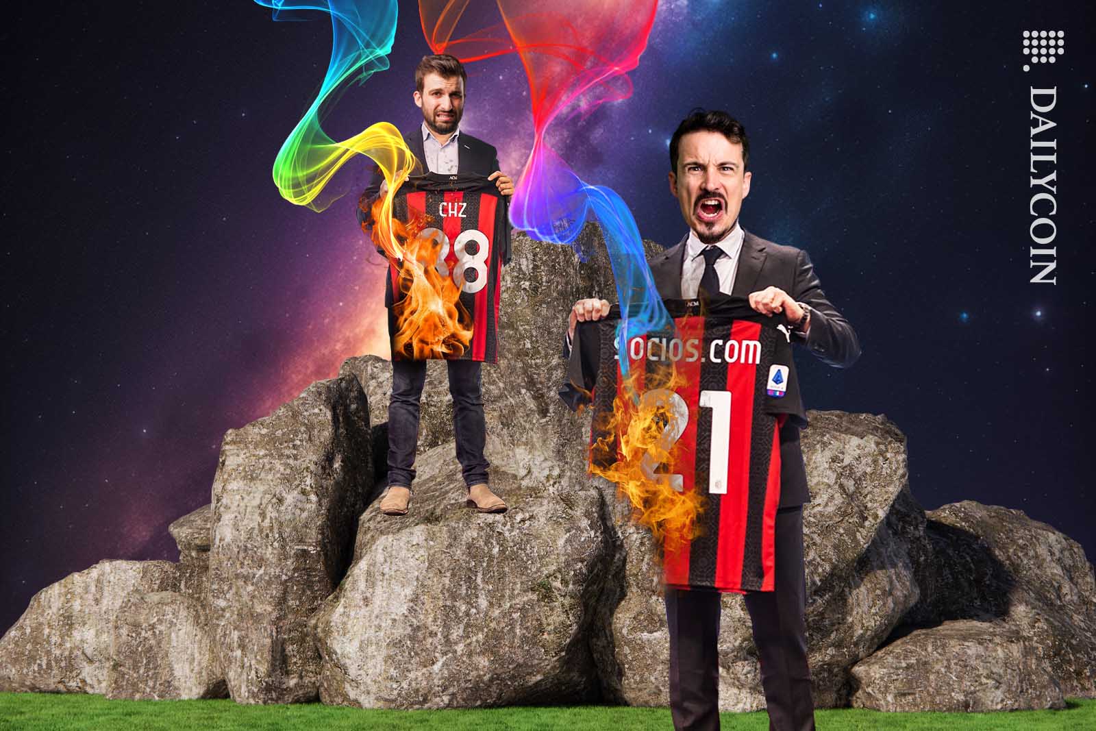 Two angry man burning Socios and Chilliz football jerseys.
