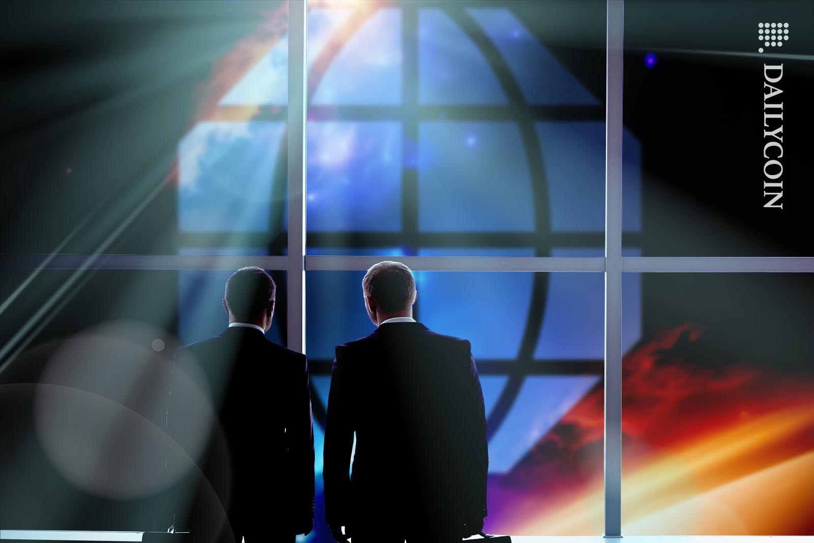 Two business men looking out of their office window, staring at a big CME logo.