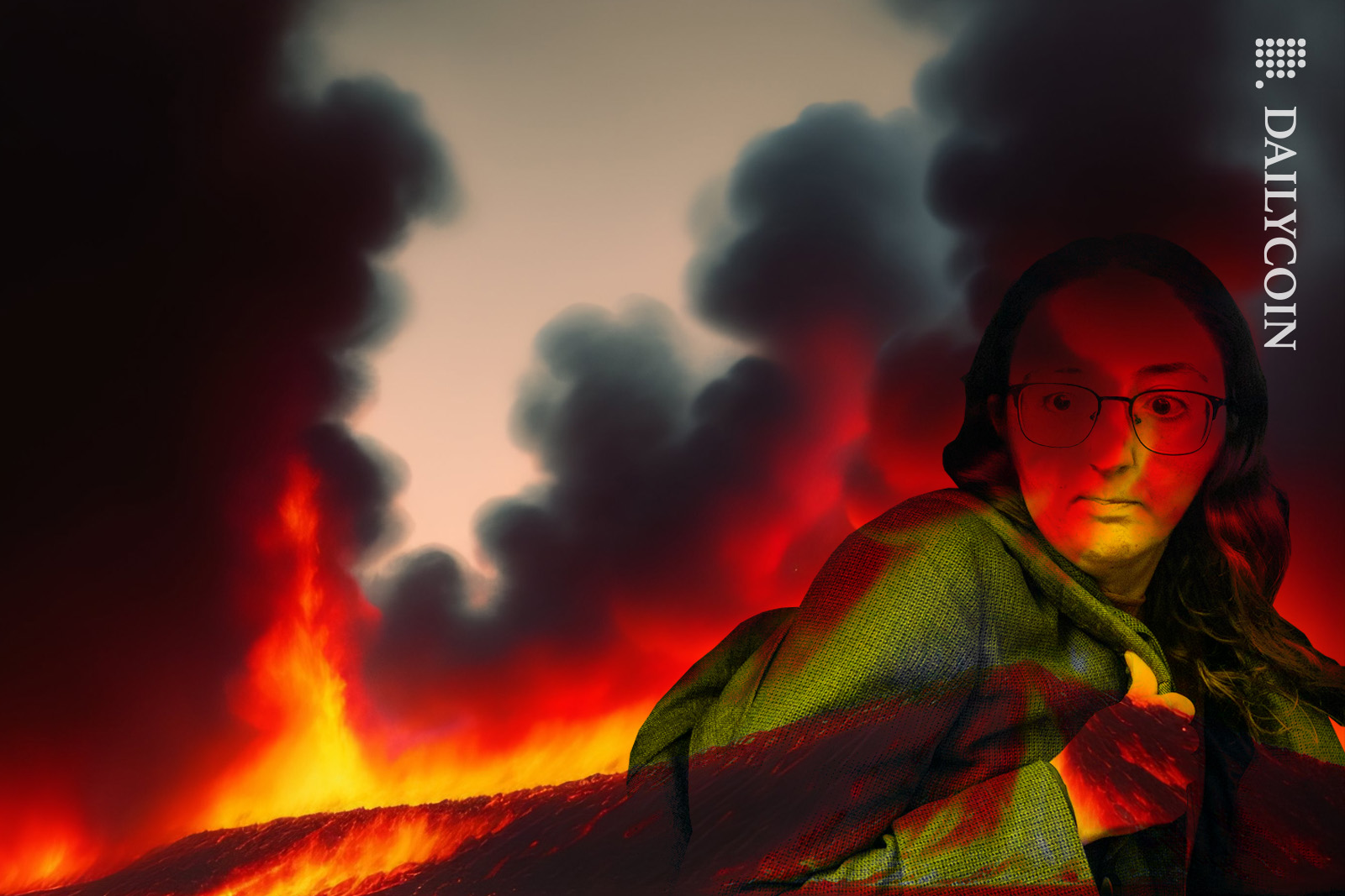 Caroline Ellison looking scared whilest burning in flames.