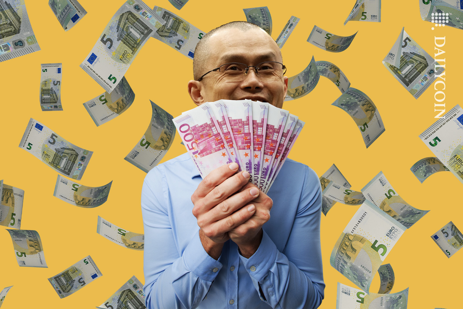 Changpeng Zhao smiling from behind a fan of 500 euro bills.