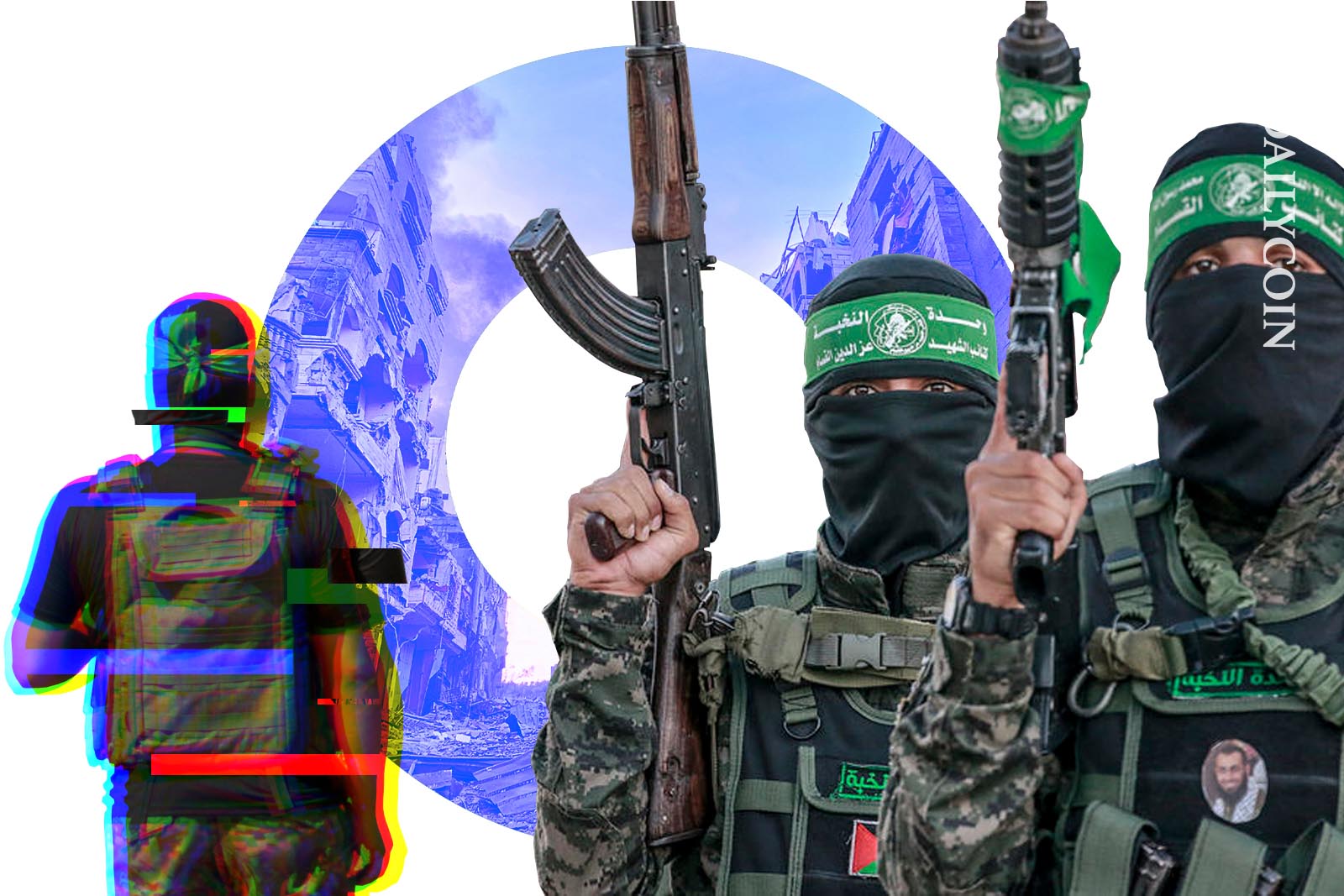 Hamas fighters staring at the camera, whilst one of them digitally decaying.