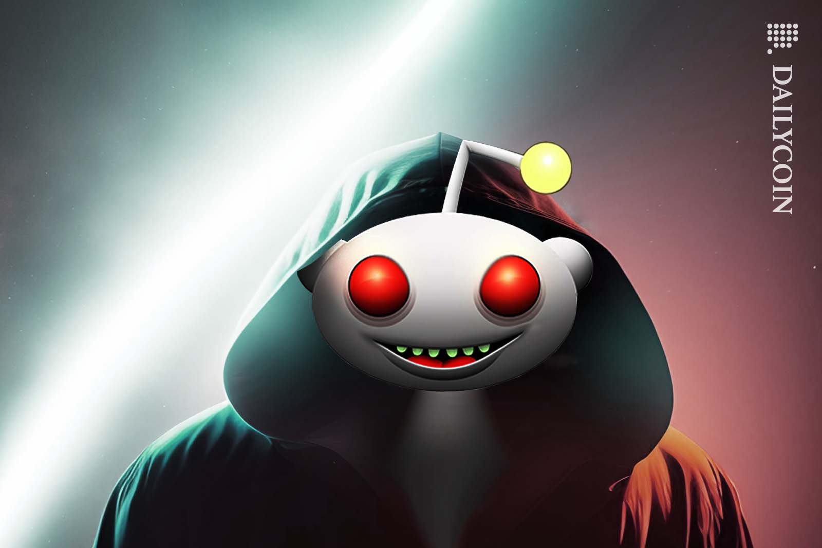 An evil looking Reddit mascot wearing a dark hoodie.