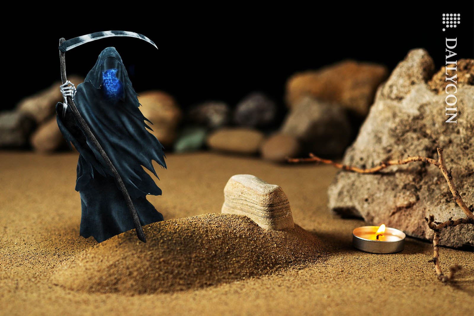 Crypto death stands above a tiny grave with a tea light candle next to it.