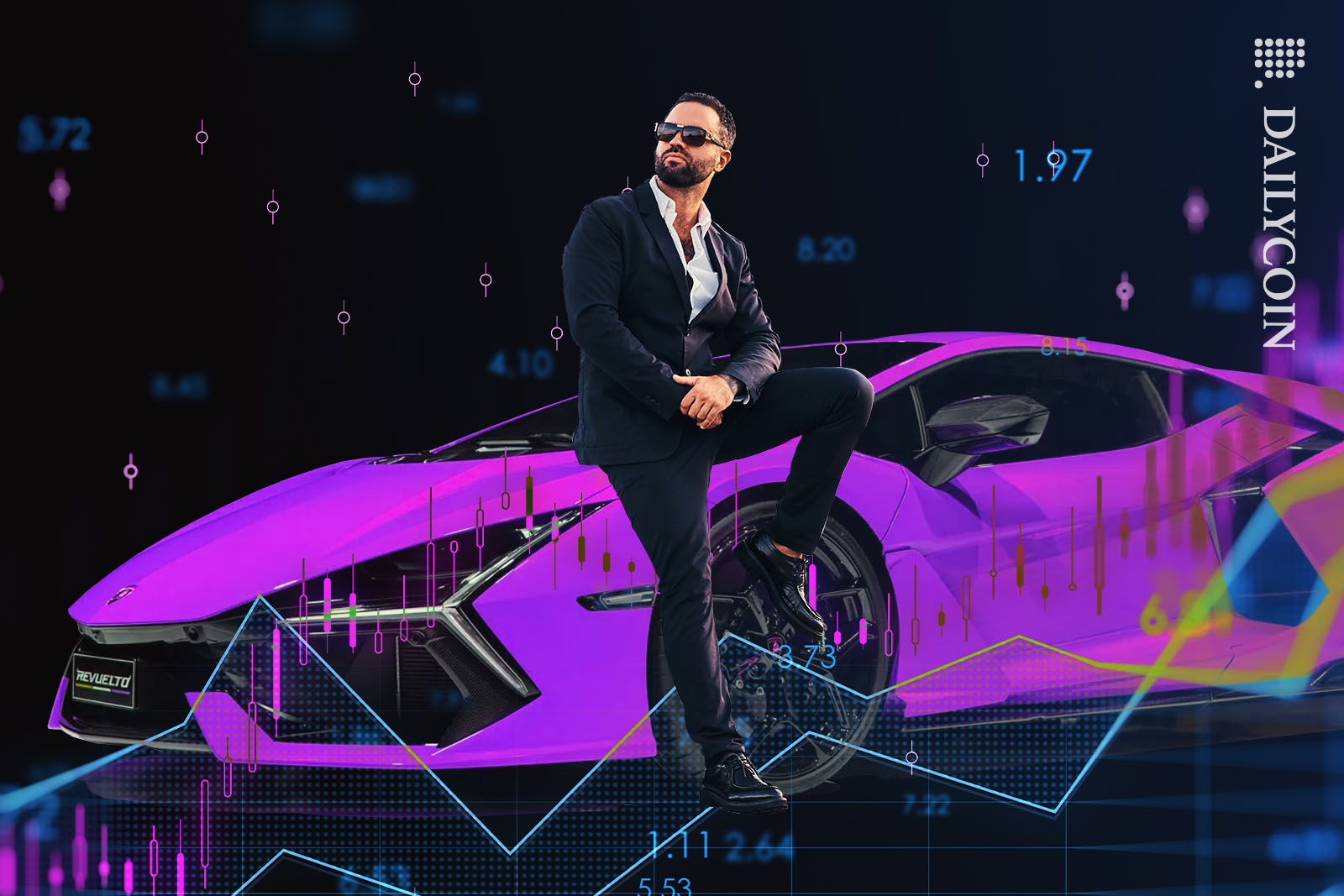 Overly confident man sitting on a Lamborghini surrounded by numbers and trading charts.