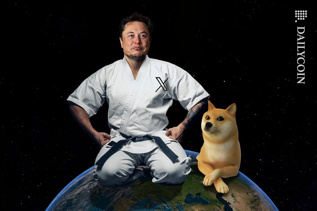 Elon Musk is ready for fight, sitting on top of our planet in karate uniform accompanied by DOGE dog.