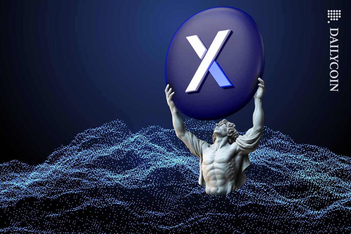 Greek style statue holding up a huge dydx token out of a digital sea.