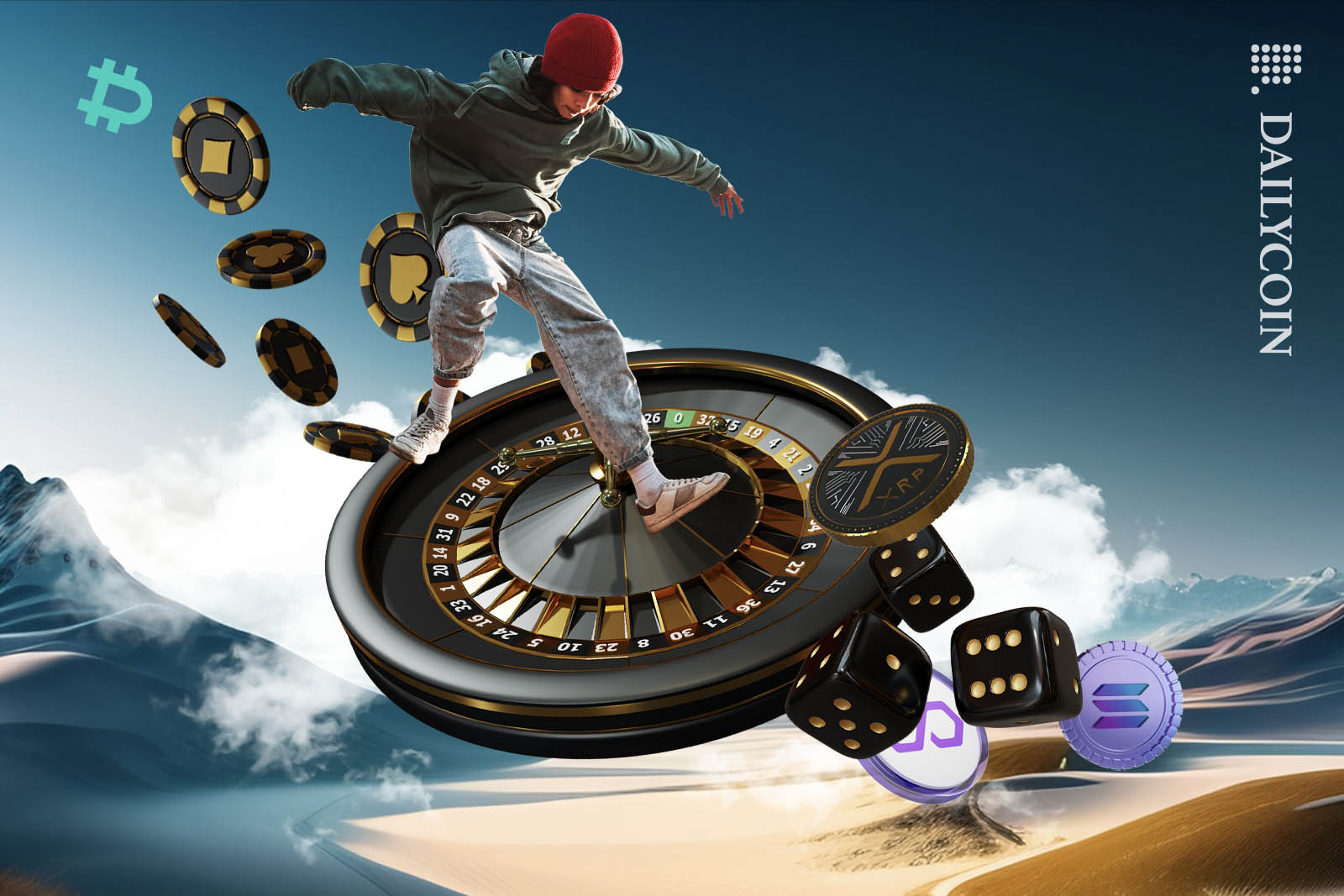Kid skateboarding on a roulette wheel in the sky surrounded by casino chips and dices