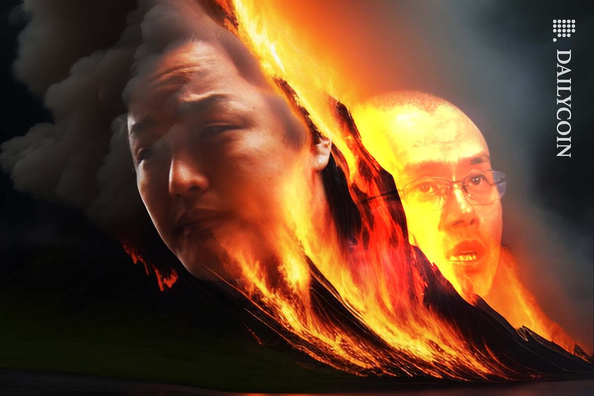 Fire raging with black smoke. The fire side is represented by the face of CZ, the smoke side represented by Do Kwon.