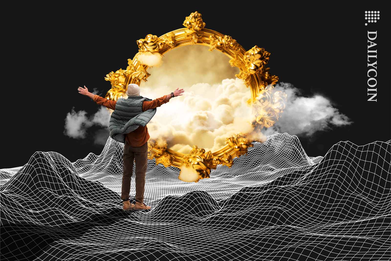 Man found a golden portal in the middle of a wireframe landscape.