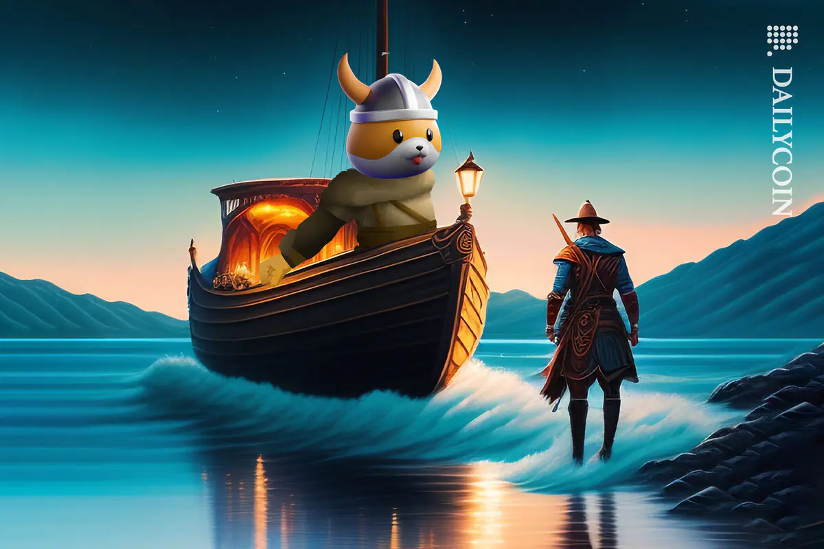 Floki coin mascot arriving by ship to greet a local in a foreign land.