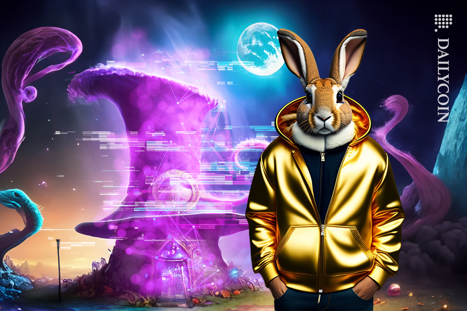 A bunny wearing a golden jacket standing in front of Friends.tech hat house which has a glitch.