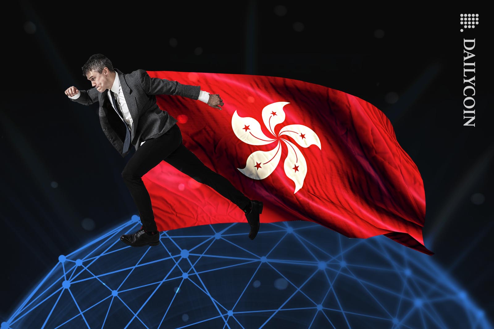 Man in suit pulling a Hong Kong flag behind him as he running on a digital globe.