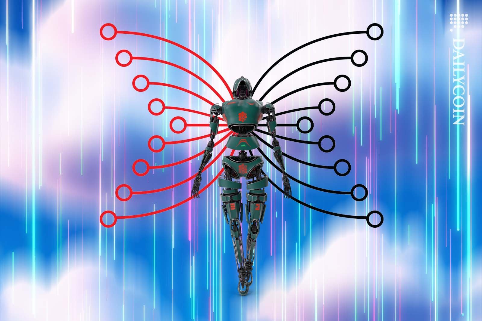 Humanoid butterfly robot with an IOHK logo for wings speeding upwards.