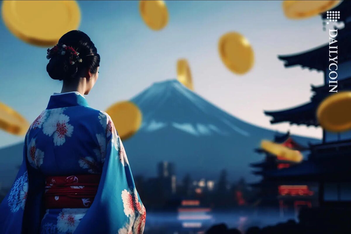 Japanese woman in traditional outfit looking at mount Fuji as golden coins falling from the sky.
