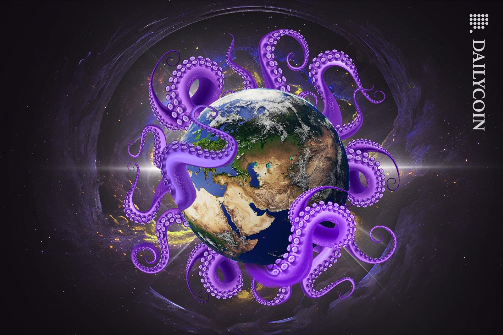 Huge purple octopus encircles planet earth.