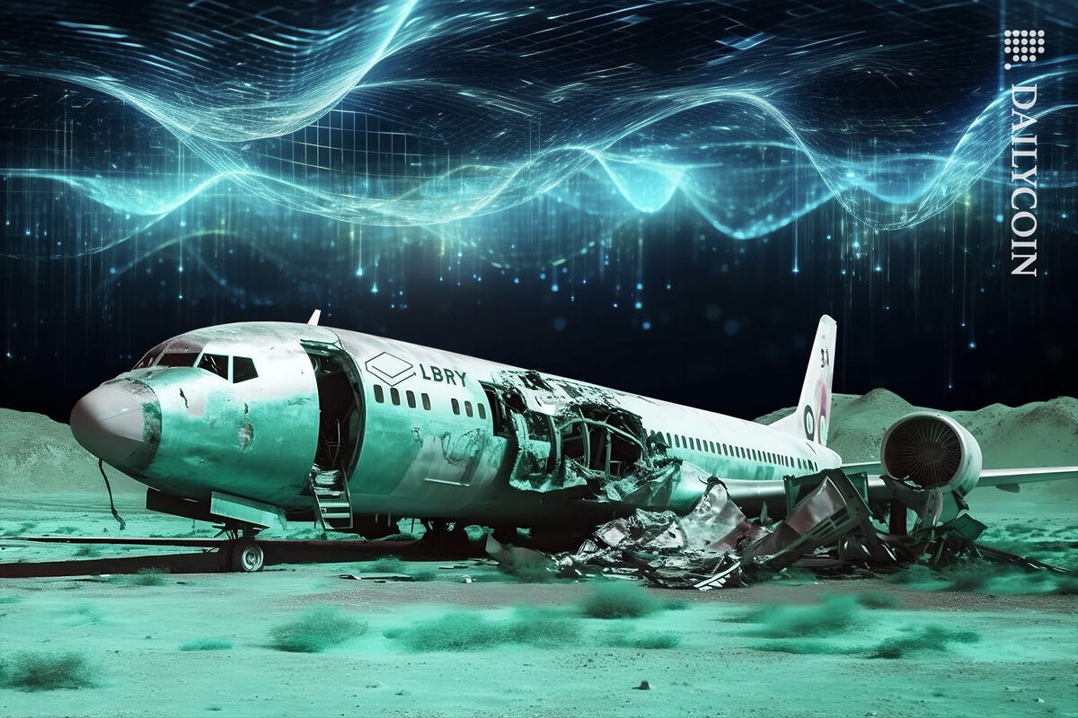 Crashed and abandoned LBRY aeroplane in a digital storm.