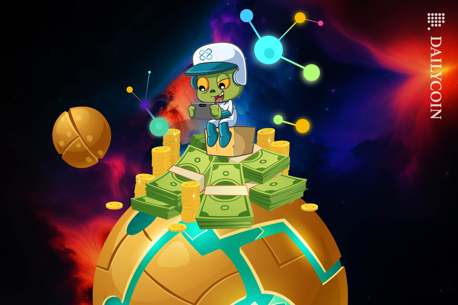 Cartoon LOOM alien character standing on a pile of cash on his alien planet.