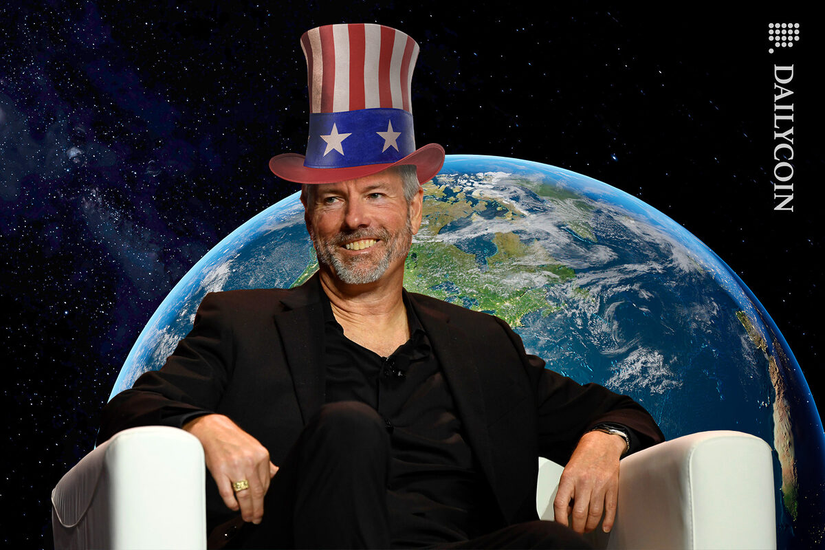 Michael Saylor sitting in an armchair wearing an "Uncle Sam" hat , infront of planet Earth.