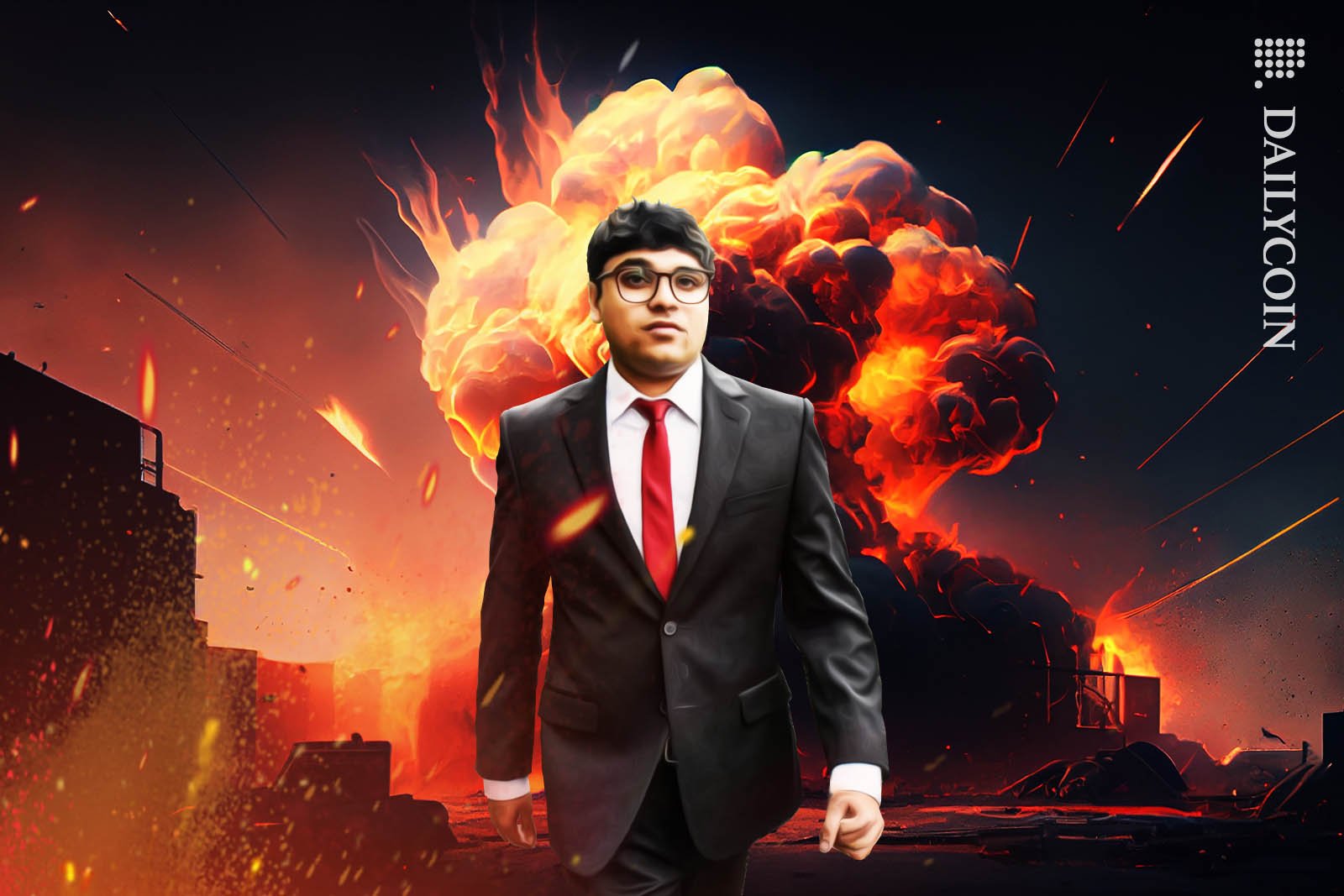 Nishad Singh walking out of a ruined city with explosions, smoke and fire.