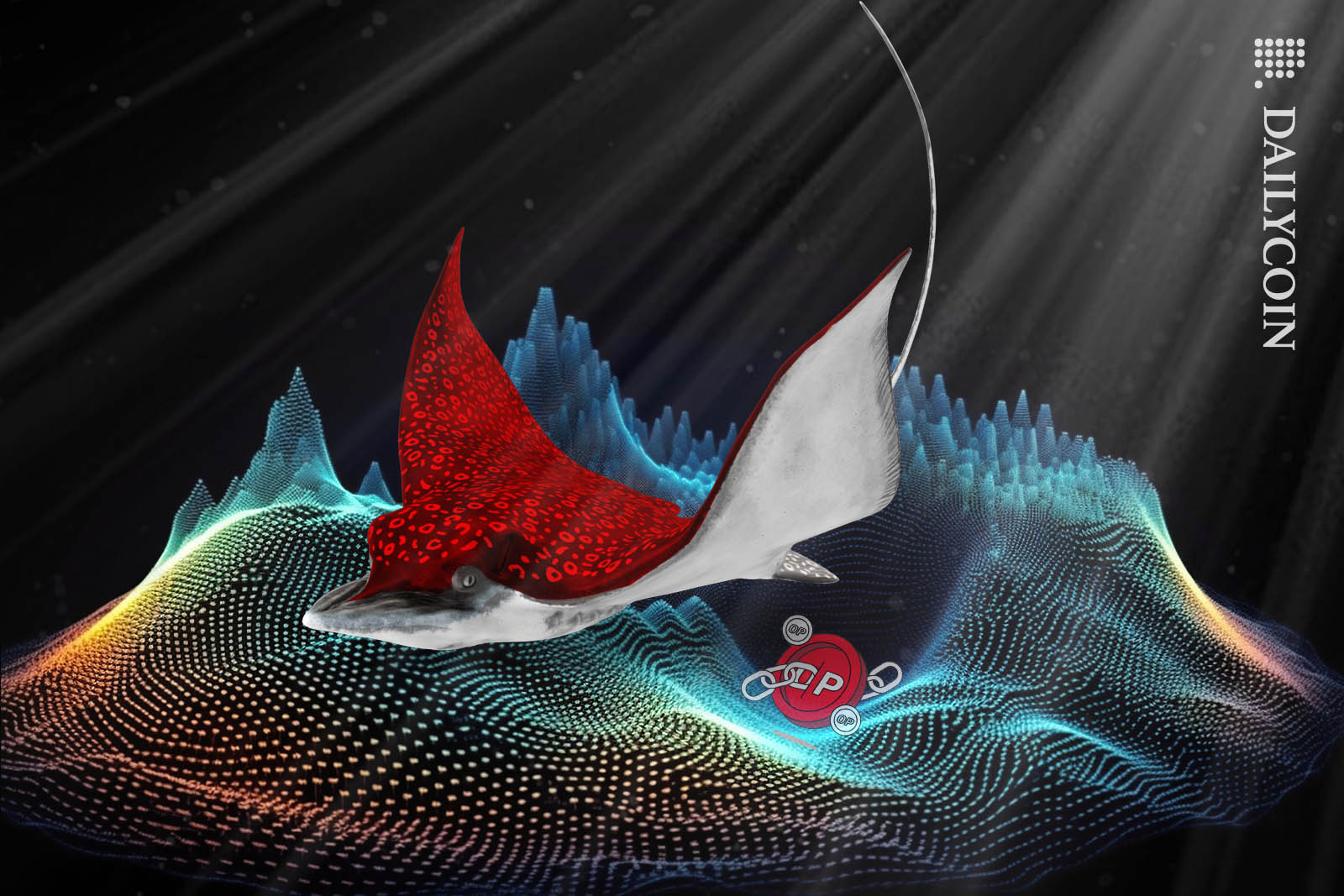 Big red Manta ray leaving and OP object behing on the bottom of a digital sea.