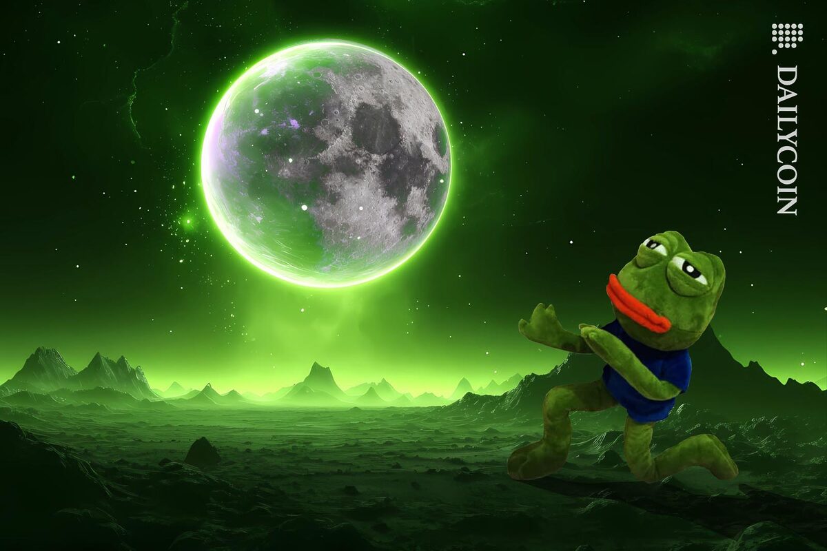Pepe the frog admiring the moon in an all green environment.