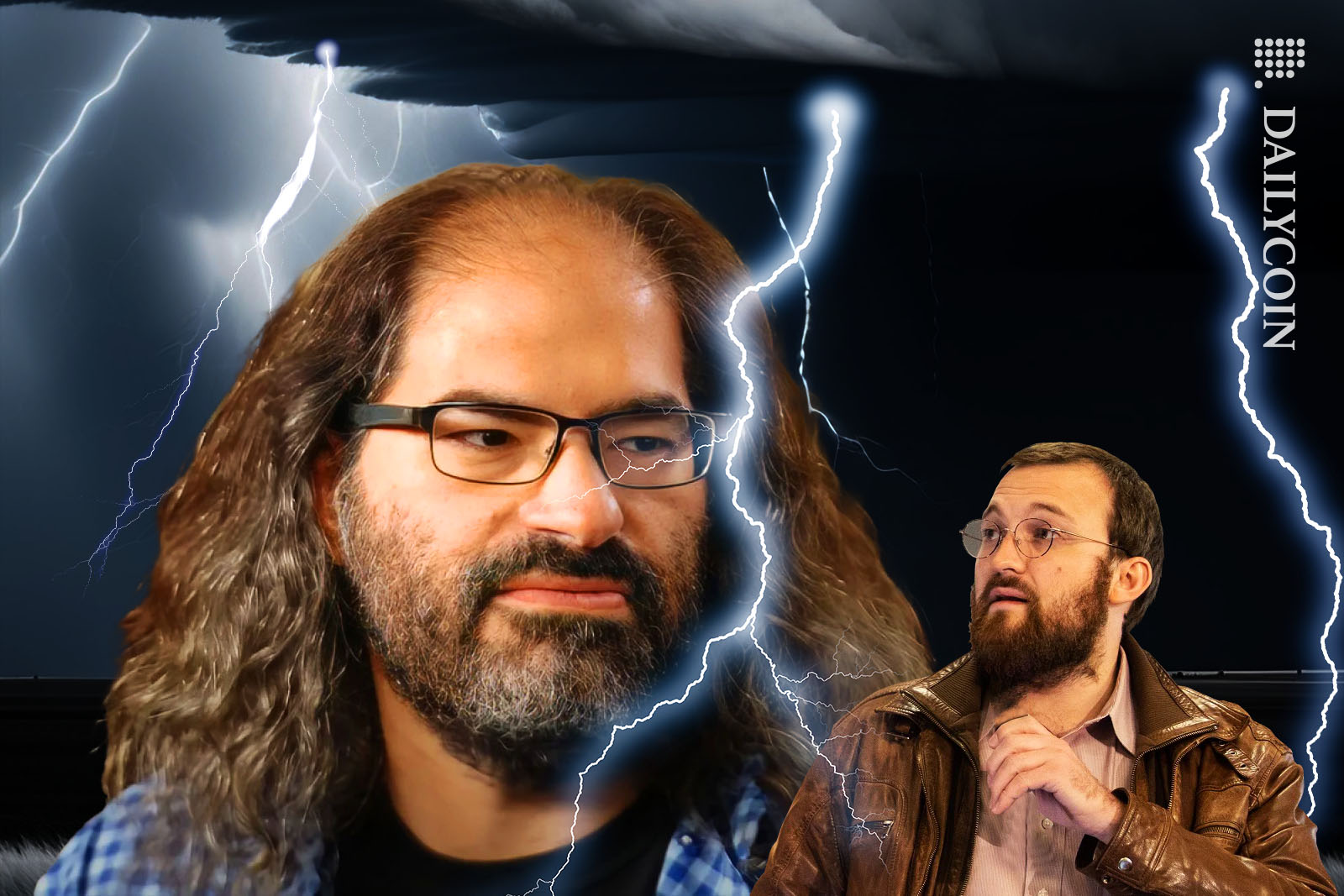 David Schwartz and Charles Hoskinson staring at eachother in a storm.