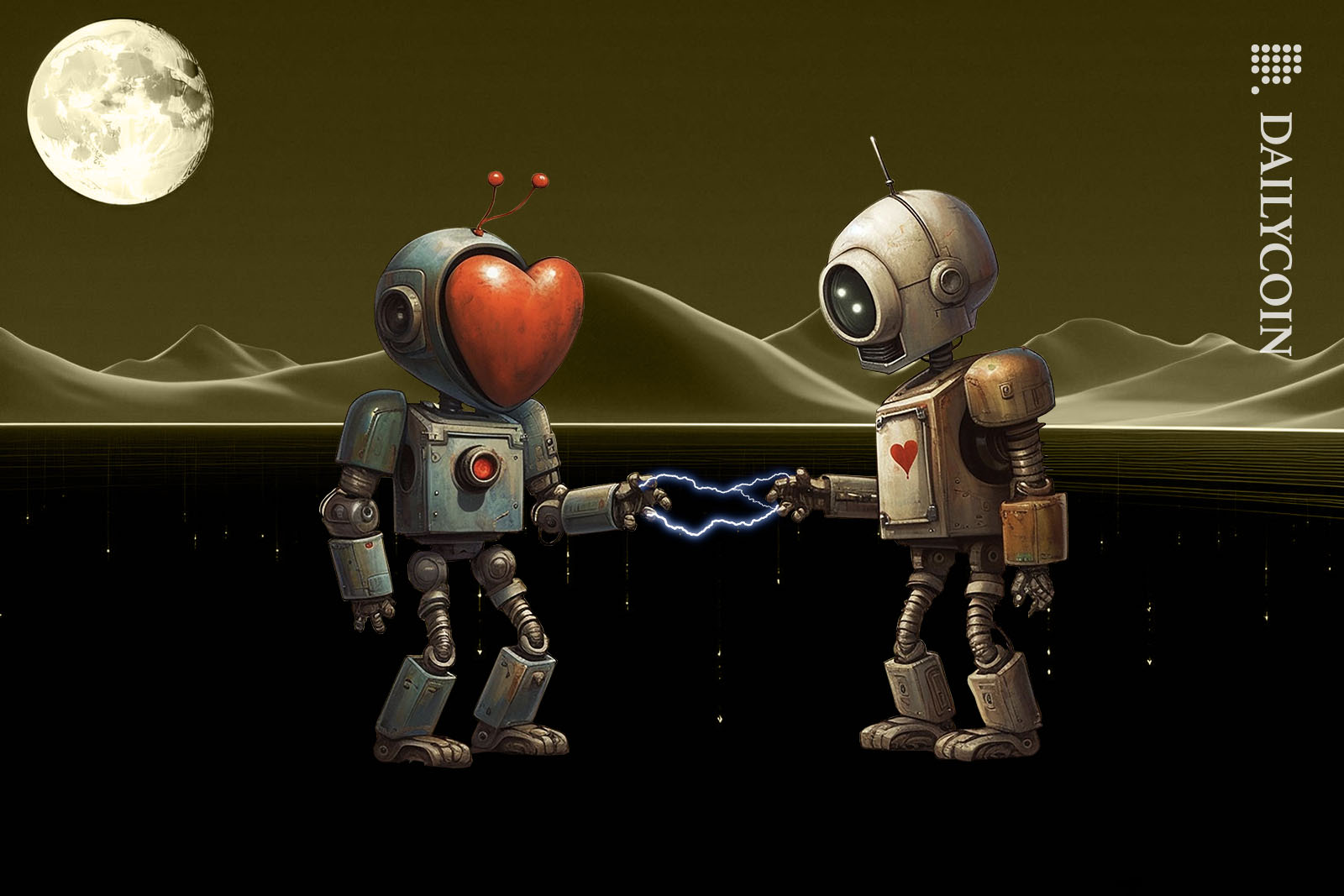 Two cute robots getting to know eachother in a wierd cartoonish environment.