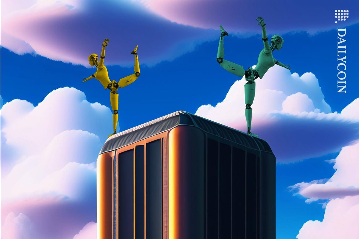 Two robots balancing on top of a skyscraper.