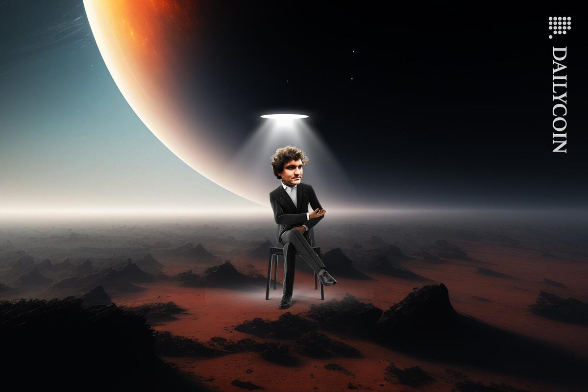 Sam Bankman-Fried sitting on a desolate planet with a spotlight above his head.