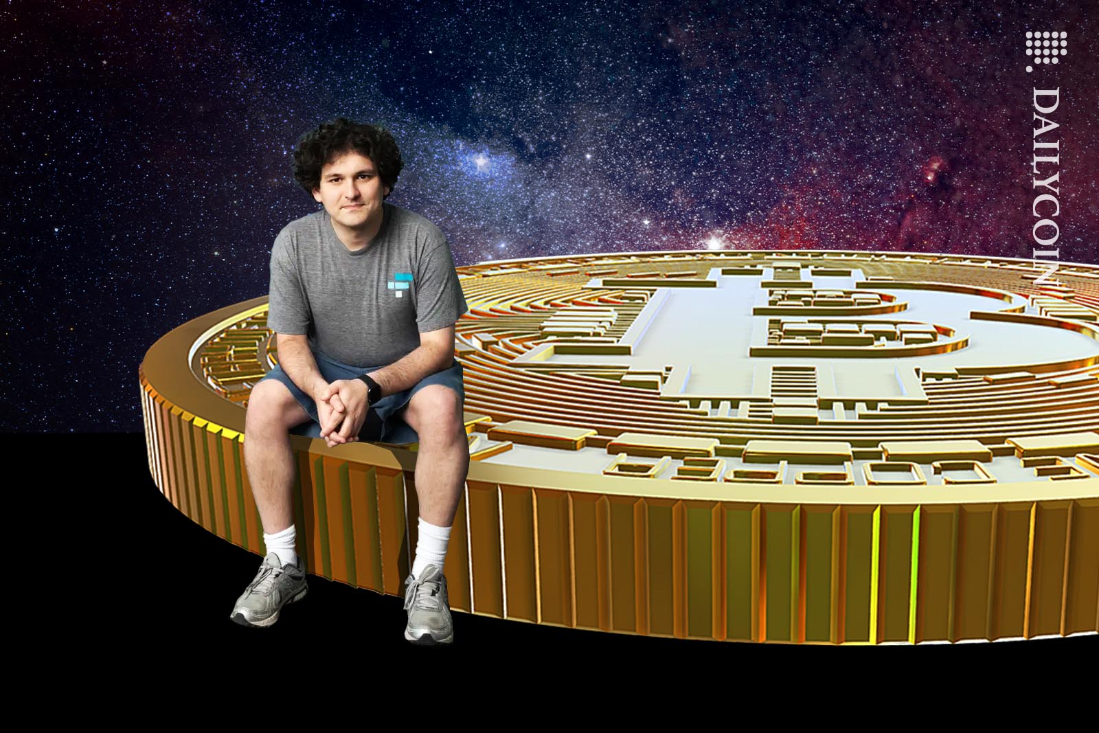 Sam Bankman Fried sitting on a large bitcoin.