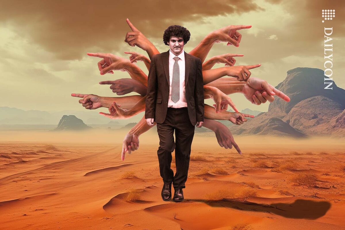 Sam Bankman Fried walking in a desert with butterfly wings made out of hands pointing. Blaming everyone on the way.