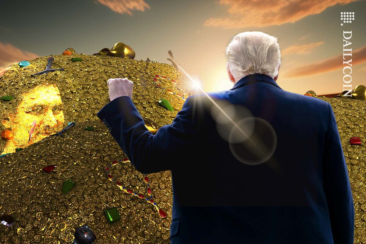Donald trump staring at a landscape filled with gold and other treasure as far as the eye can see.