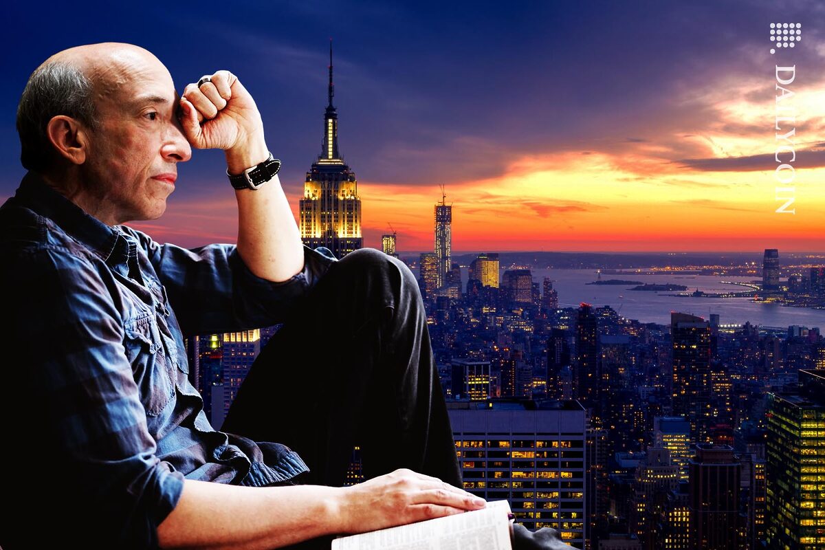 Gary Gensler sitting on a New York roof top being sad.