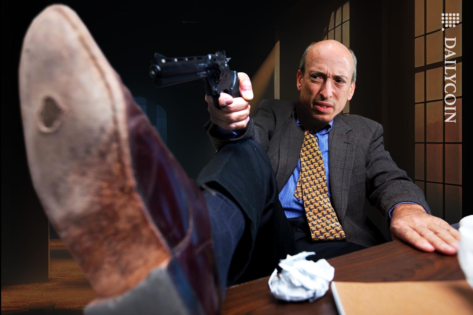 Gary Gensler Shooting himself in the foot in his office.