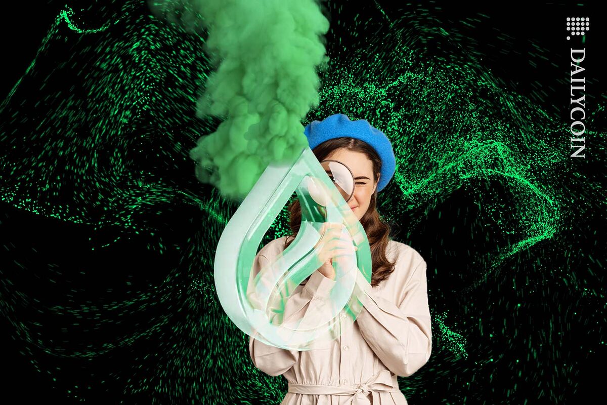 Young girl investigating a SUI logo with green smoke coming out of it.
