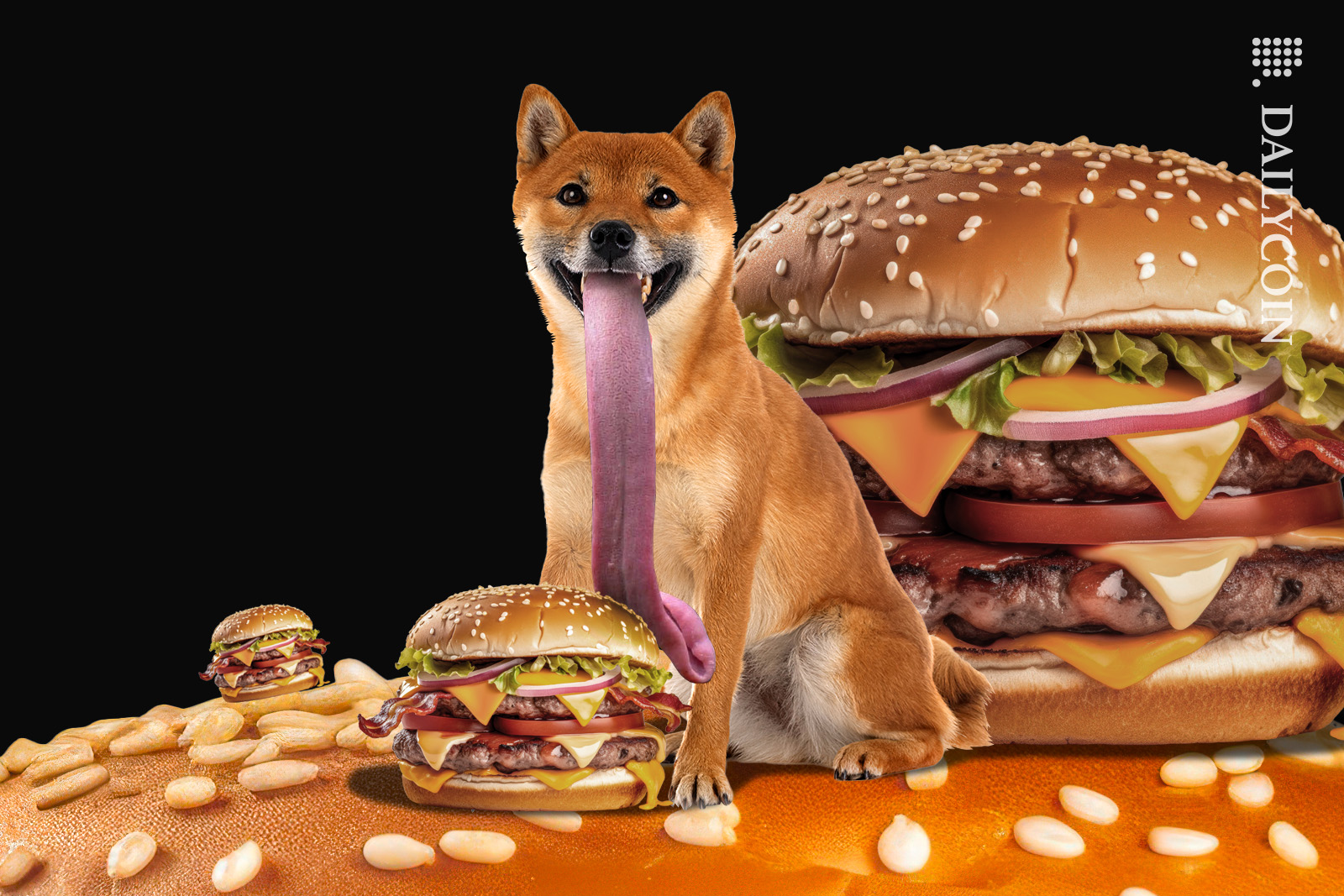 Shiba Inu licking a delicious looking burger with an extraorinary tongue.
