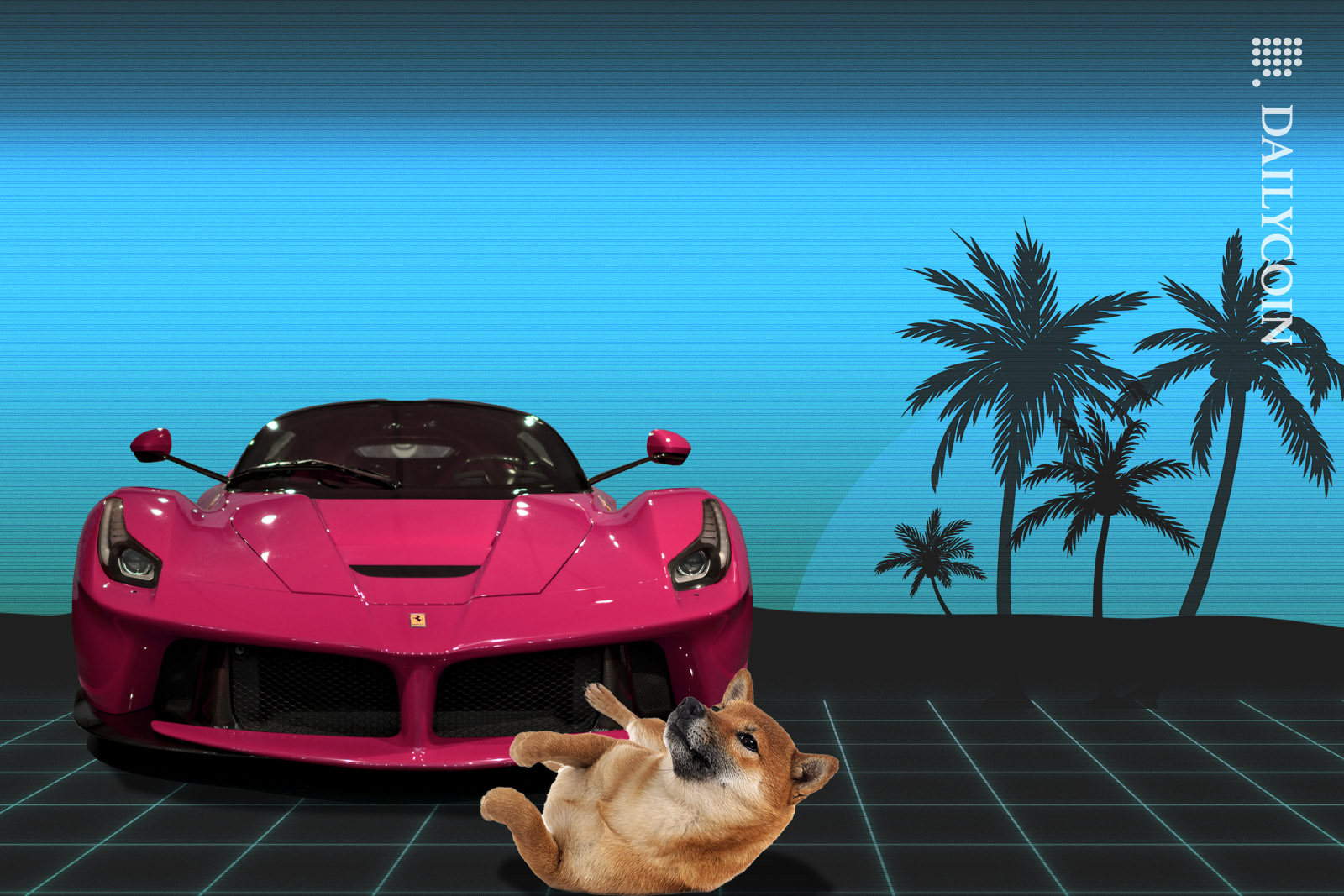 Shiba Inu laying infront of a pink Ferrari in an 80s set.