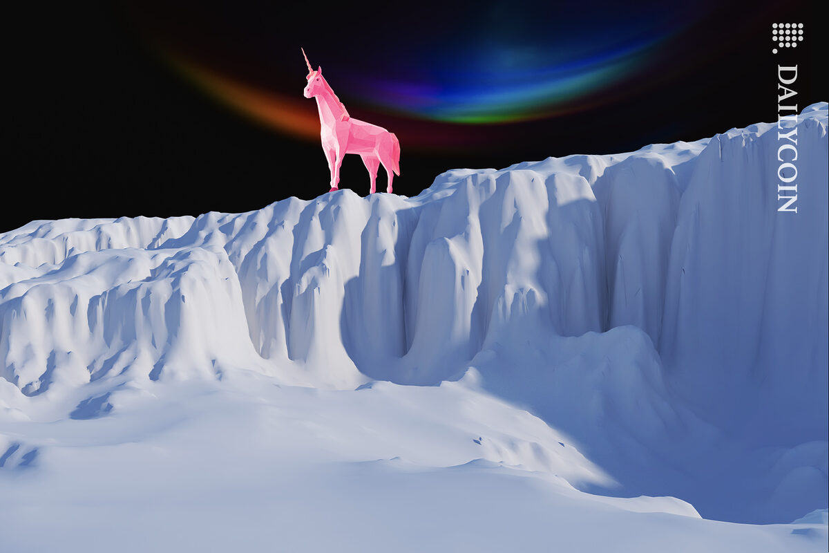 Pink unicorn standin on top of an ice montain.