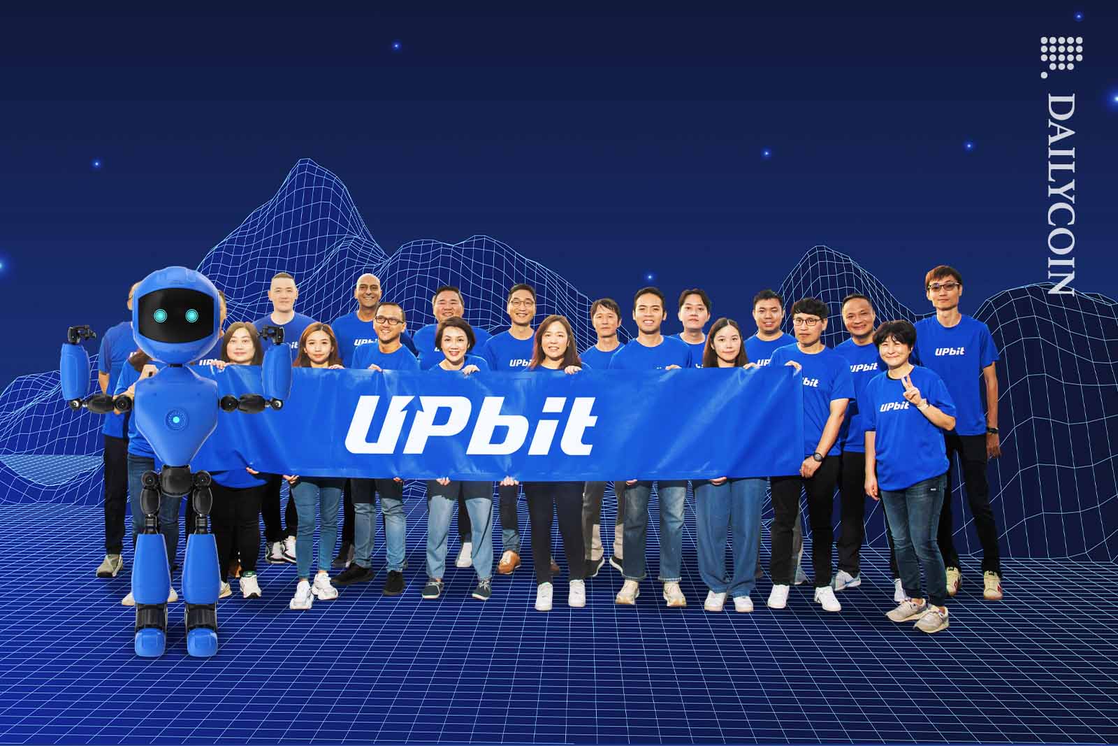 Upbit team holding up an Upbit sign in a digital landscape.