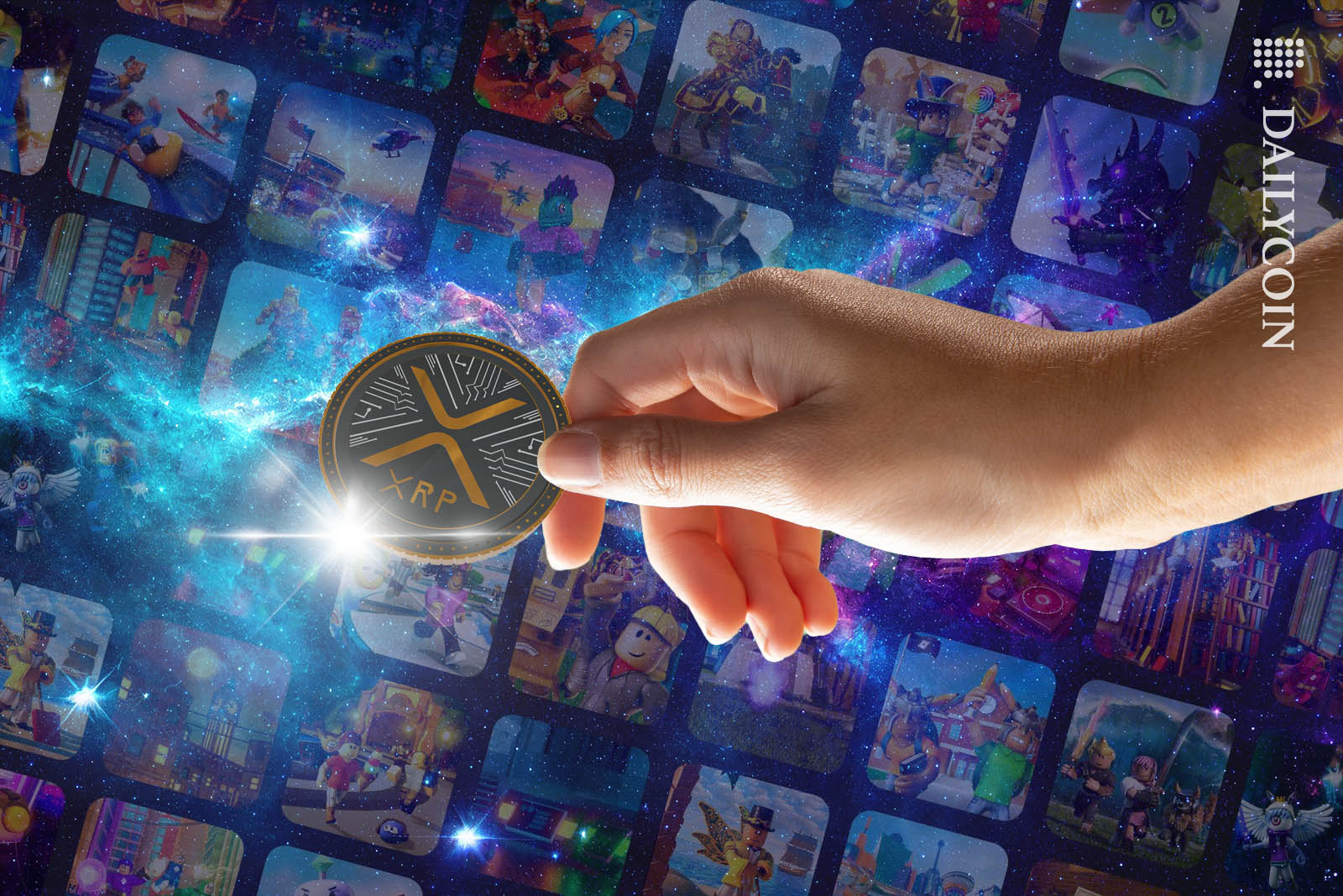 Hand holding an XRP coin infront of a selection of Roblox games.